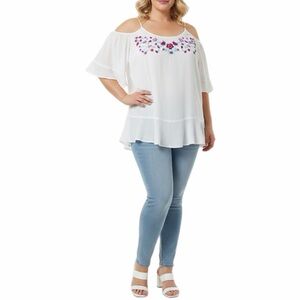 Torrid Top Womens 2 US 18 White Tunic Embroidery Cold Shoulder Folk Art Gypsy